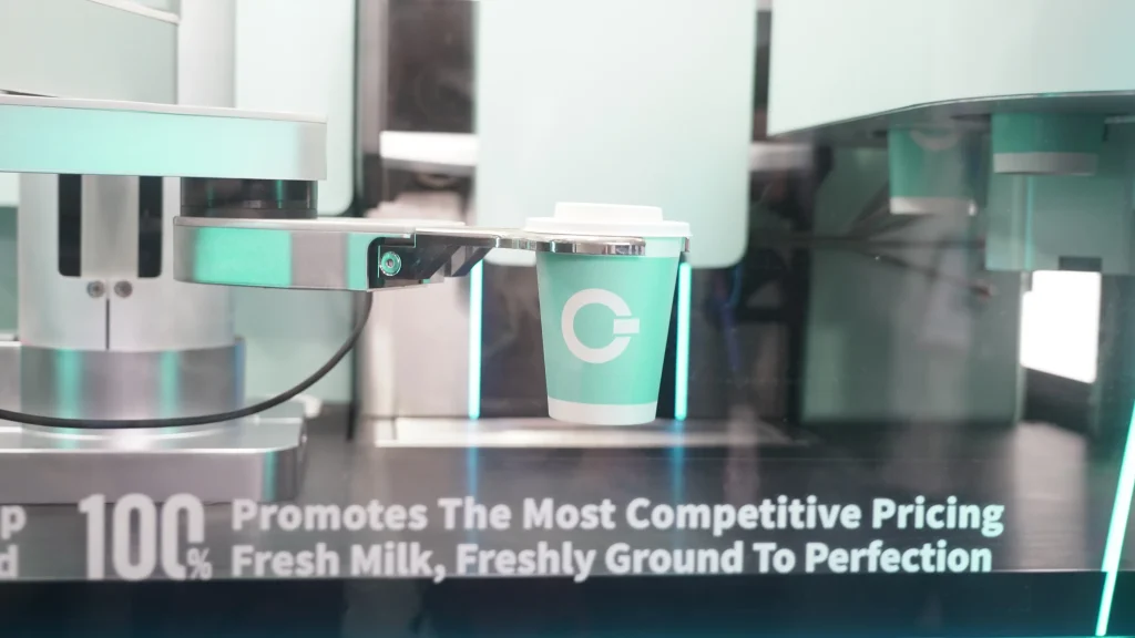 robot coffee kiosk drink delivery with robotic arm