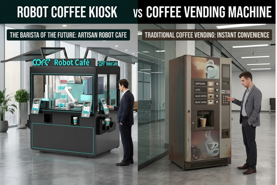 comparaison entre kiosque à café robotisé et distributeur automatique de café